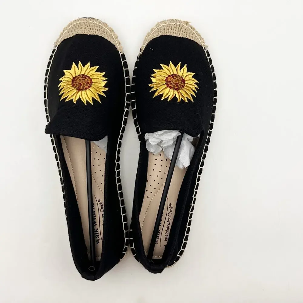 Coldwater Creek Womens Espadrille Flats 8.5 Wide Black Canvas Sunflower NIB